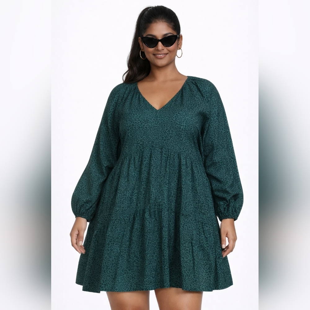 NWT Terra & Sky Peasant Relaxed Fit Long Sleeve V-Neck Shift Dress Leopard Plus